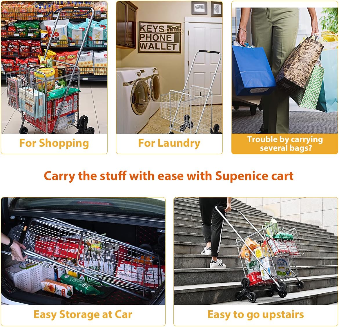 Grocery Shopping Cart with Wheels, 66 LBS Capacity, Collapsible C77499
