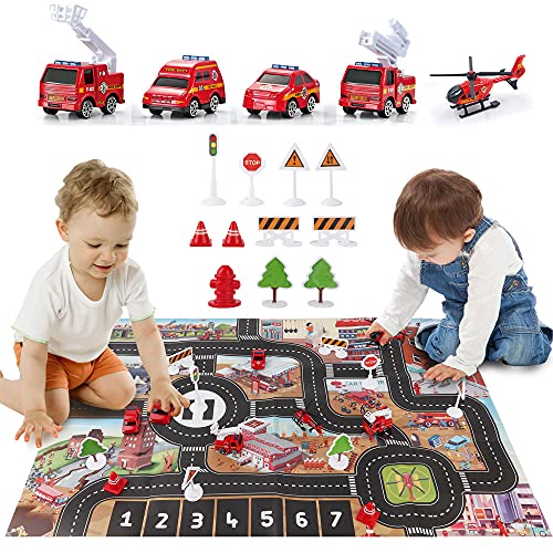 Airplane Toy with Fire Truck Cars and Play Mat F143449