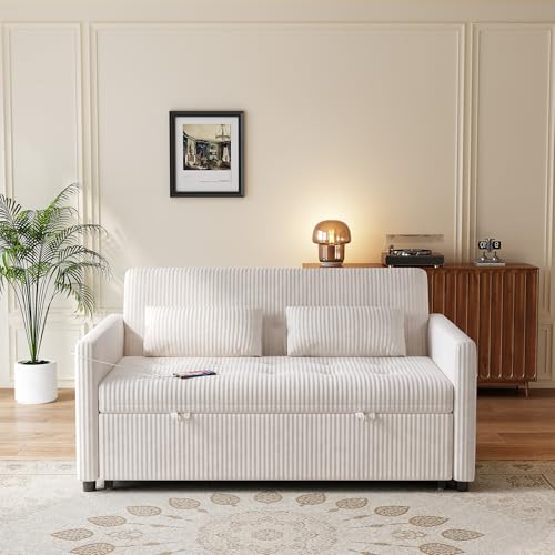 Beige Corduroy 2 Seater Convertible Sleeper Sofa W5943