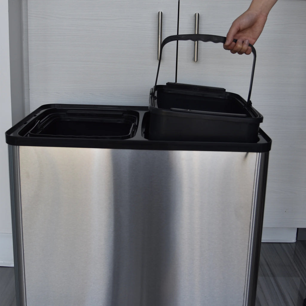 16 Gallon Stainless Steel Dual-Compartment Trash Can and Recycle Bin X936617