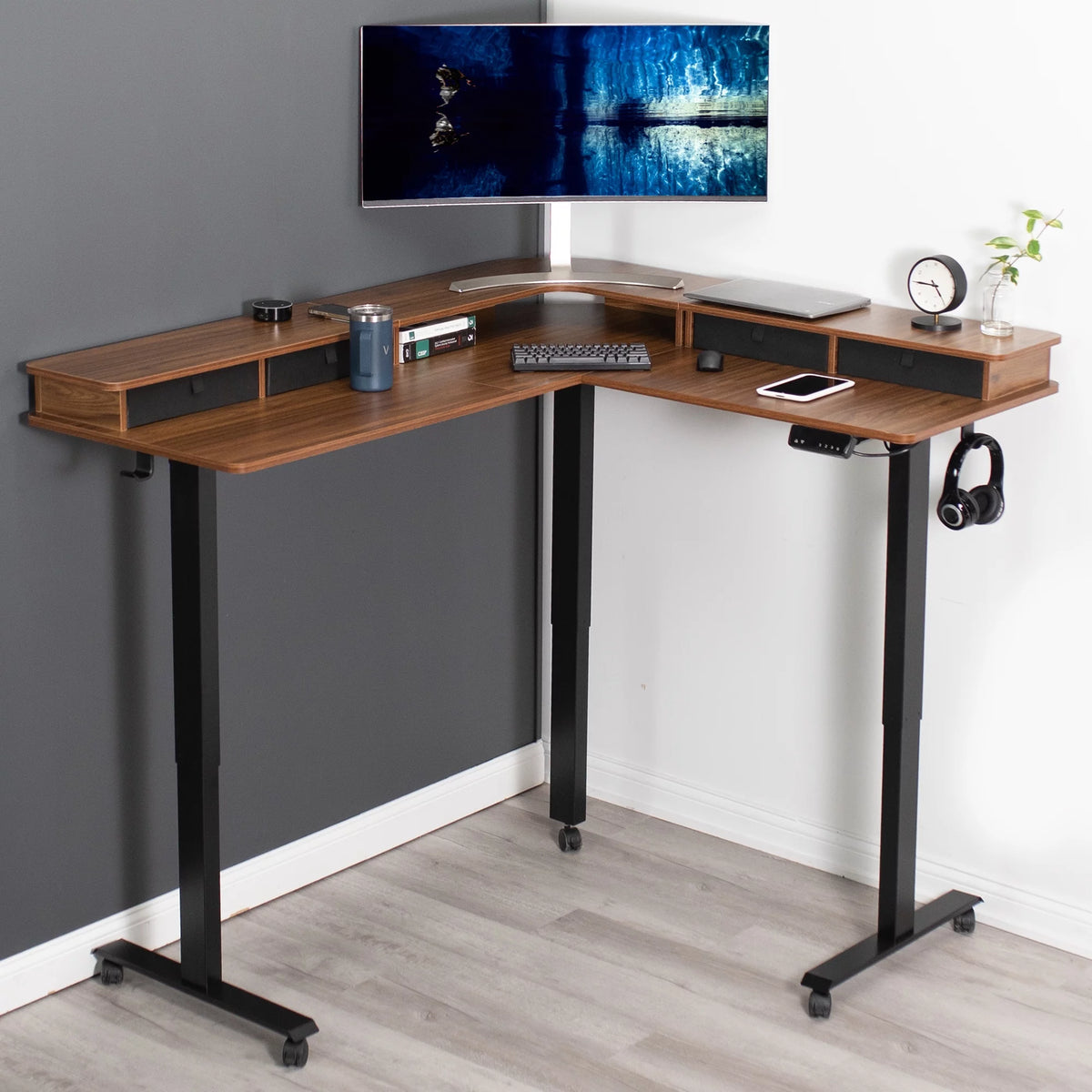 2-Tier 63" x 55" Corner Desk, Dark Walnut Top, Black Frame Y9058
