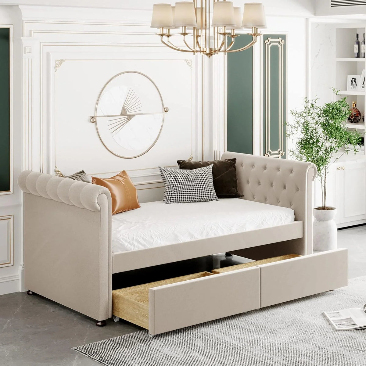Beige Upholstered Daybed with Storage and 2 Drawers L2957