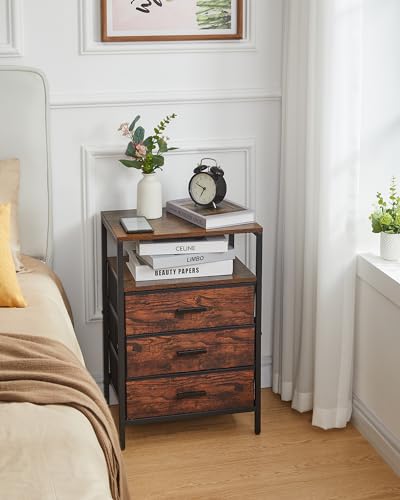 Rustic Brown End Table with 3 Fabric Drawers and Shelves E240