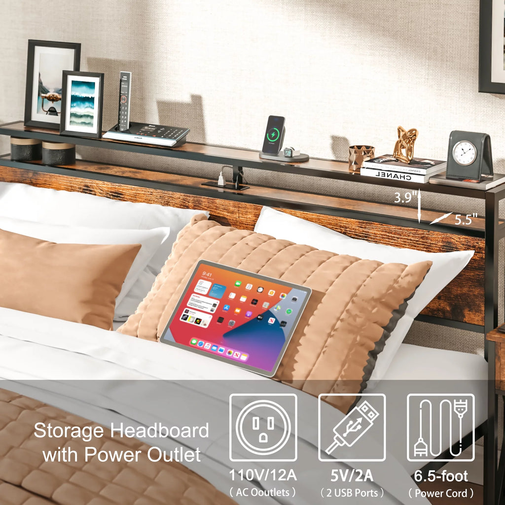 King Bed Frame with Storage Headboard and Charging Station P692555