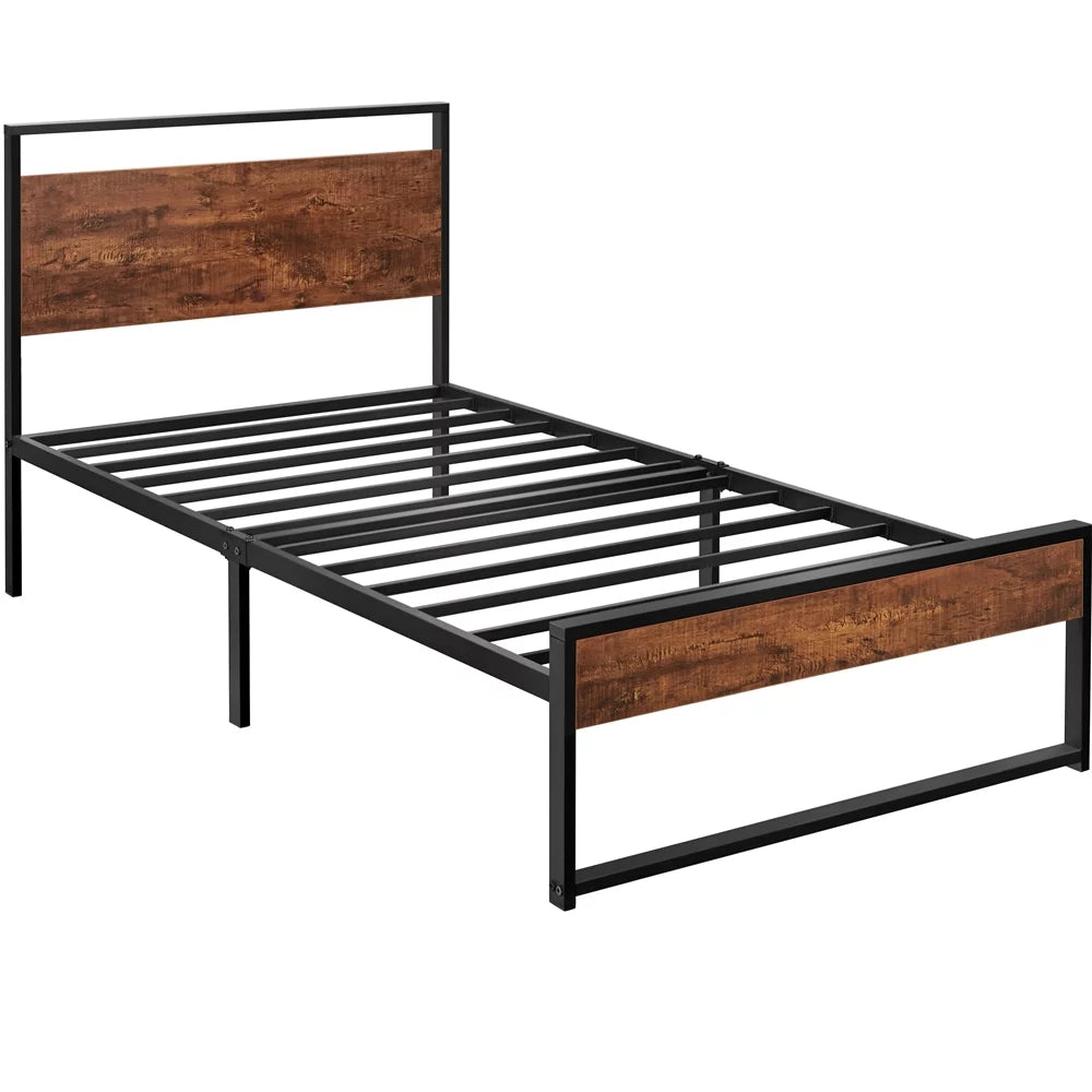 Twin Metal Bed Frame with Wood Headboard & Footboard R7920