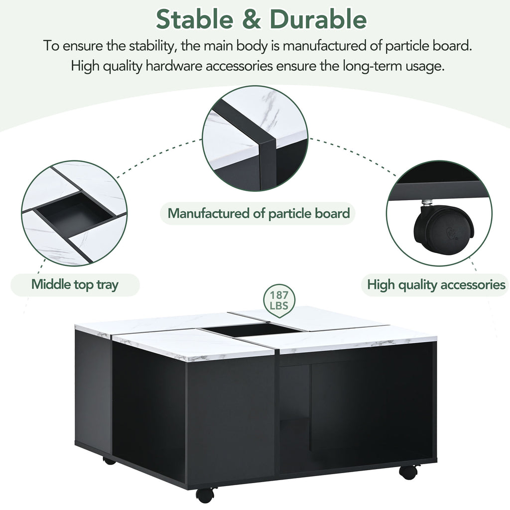Gloss Coffee Table with Wheels and Marble Top F659