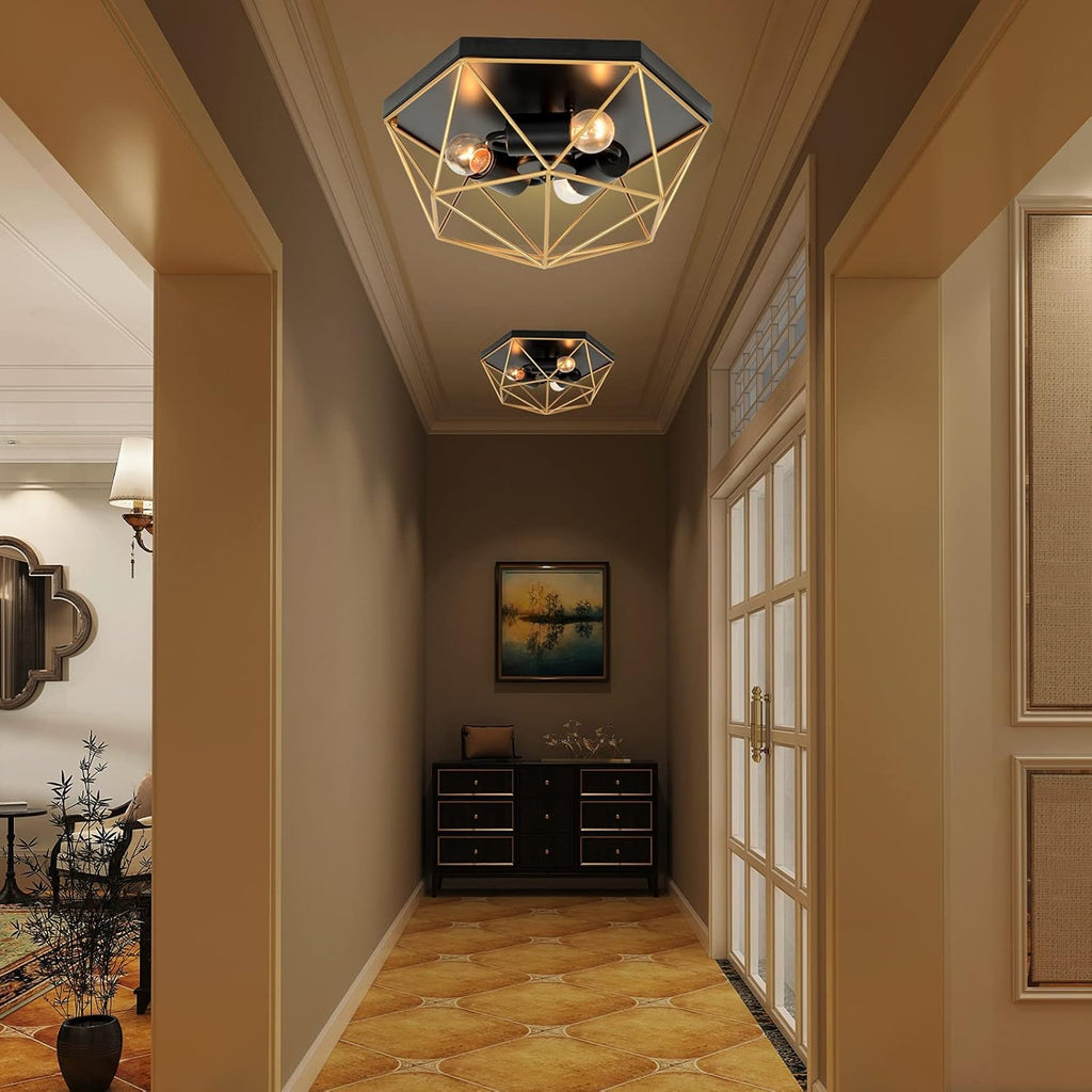 3-Light Industrial Ceiling Light Black Gold Metal Cage Fixture K140