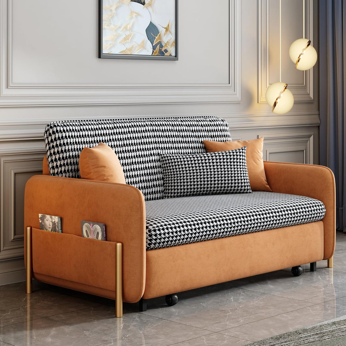 Orange Velvet Convertible Sleeper Sofa Bed H4347