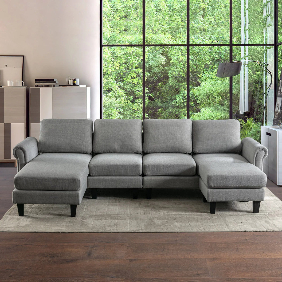 Charcoal Grey U-Shaped Sectional Couch with Chaise and Ottoman N13440