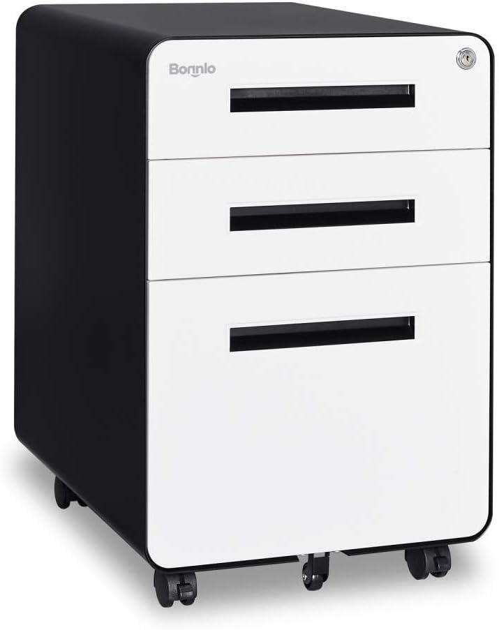 3 Drawer Mobile File Cabinet with Lock, Metal, Black&White X4927