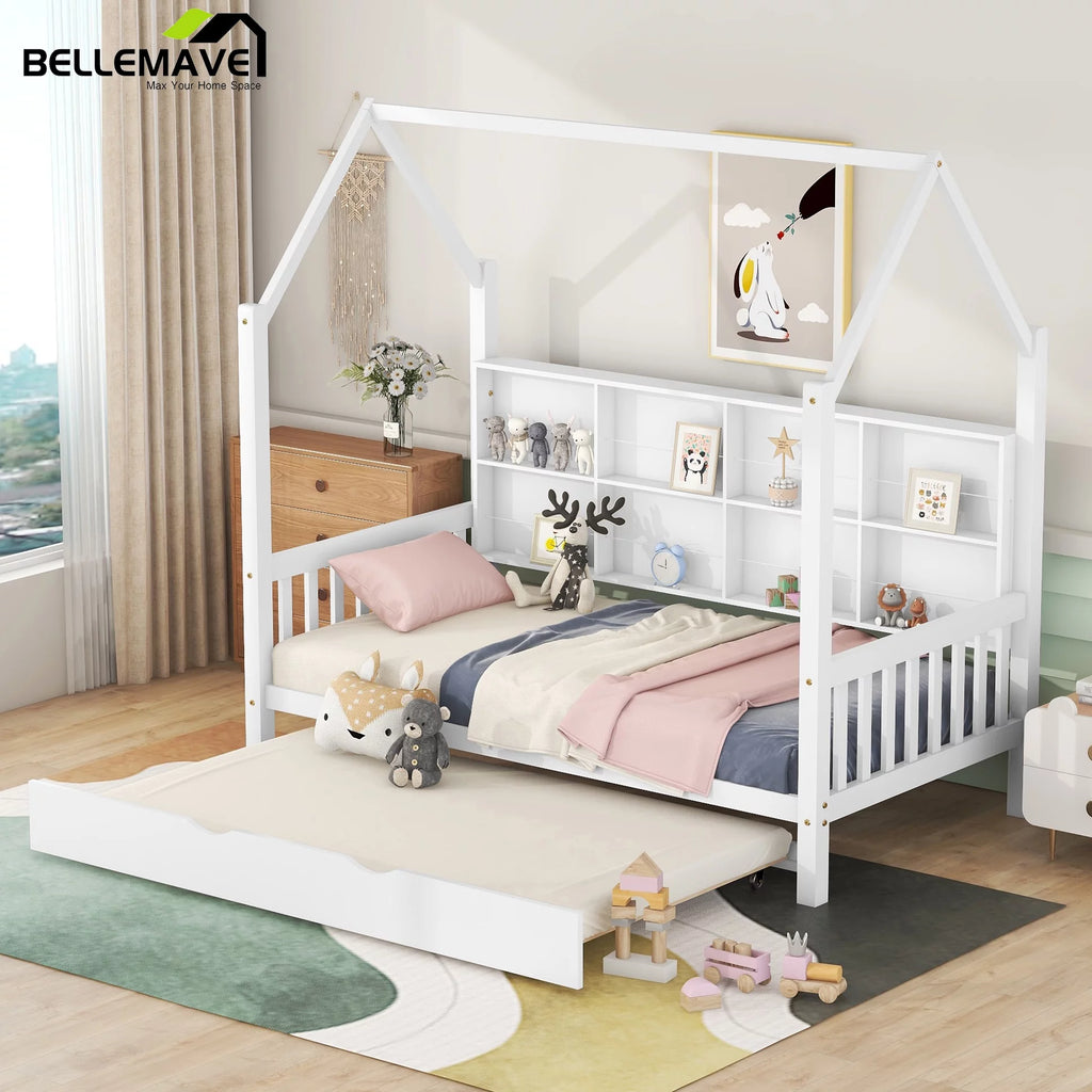 Twin Size Solid Wood House Bed with Trundle and Storage Shelves U865808