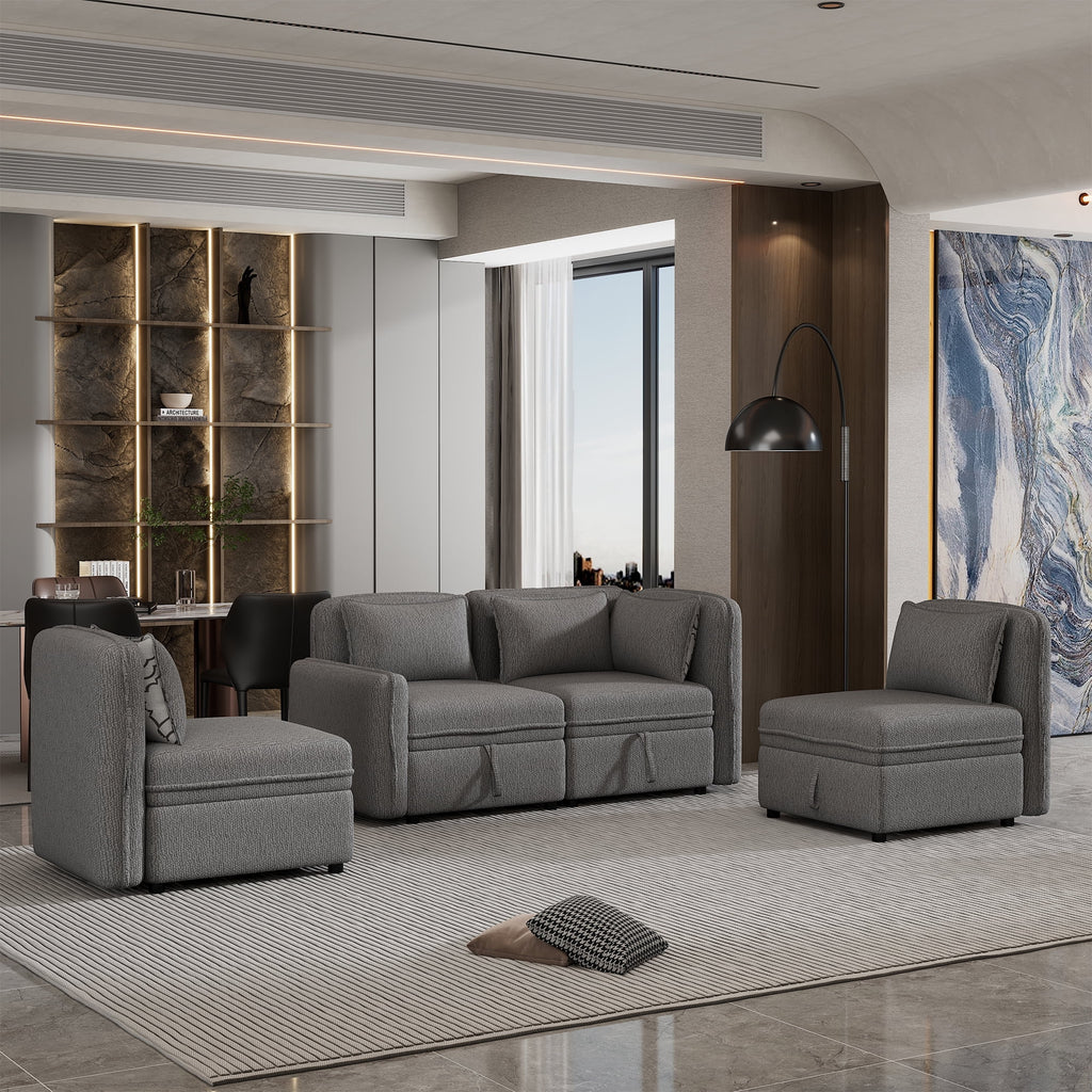Gray Chenille Fabric 4 Seater Sectional Sofa with 5 Pillows E348