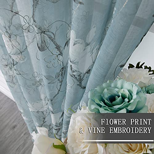 Floral Blue Short Sheer Curtains, 54 x 45 inches, Set of 2 Panels J36253