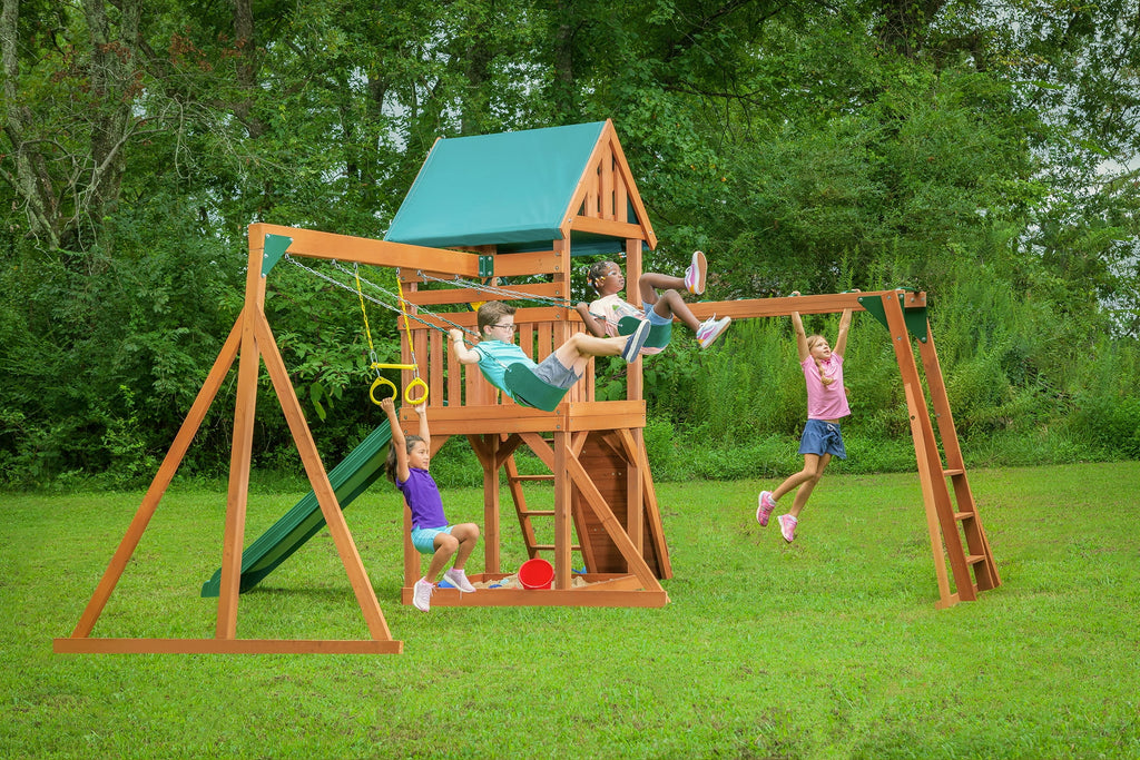 Wooden Swing Sets with Tarp Roof & Green Slide K74848