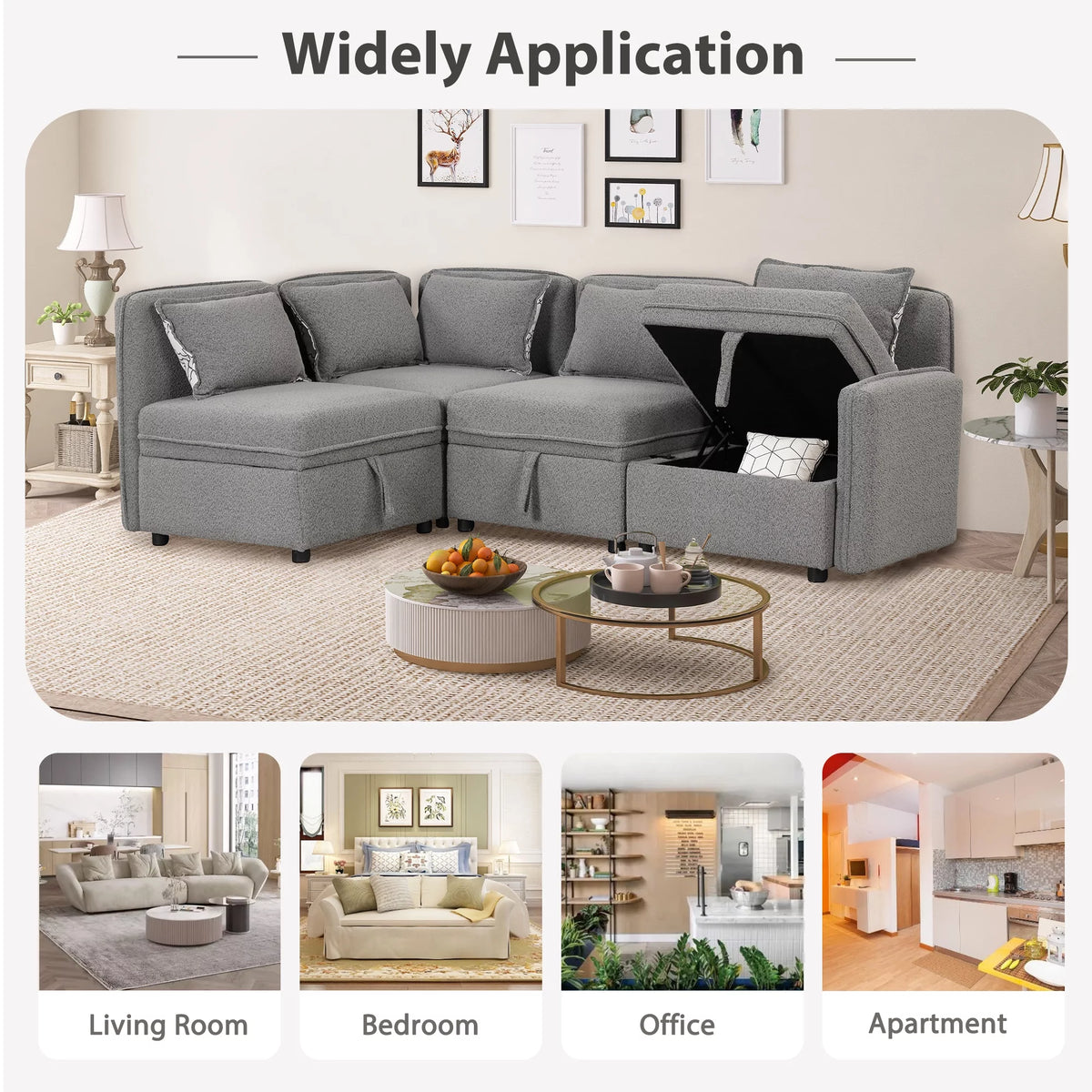 Gray Chenille Fabric 4 Seater Sectional Sofa with 5 Pillows E348