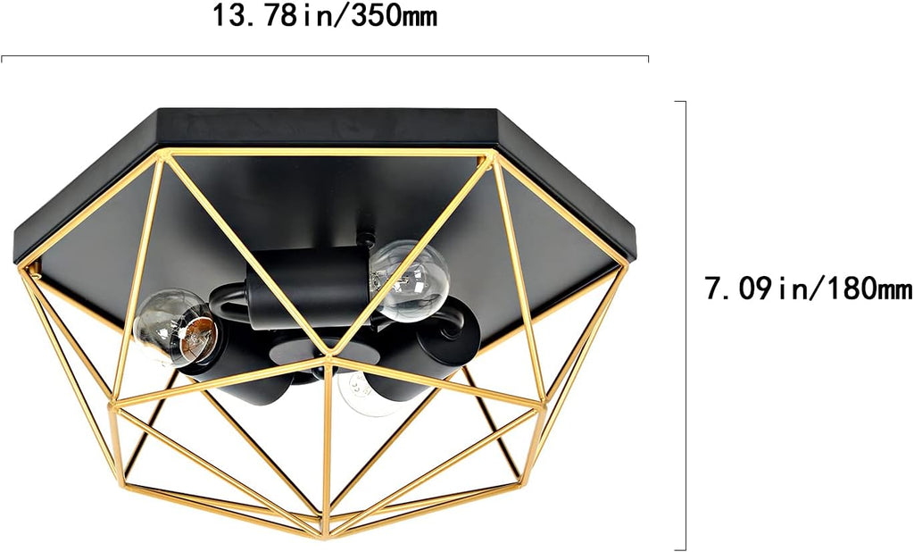 3-Light Industrial Ceiling Light Black Gold Metal Cage Fixture K140