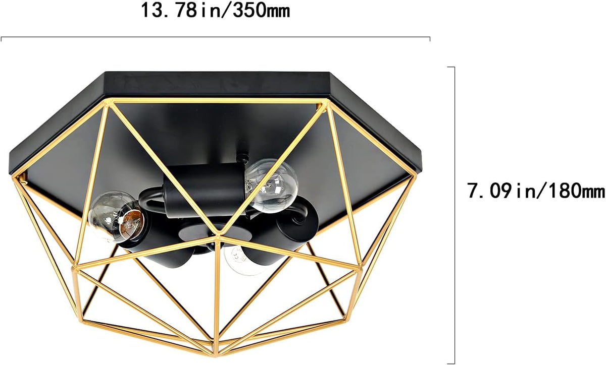 3-Light Industrial Ceiling Light Black Gold Metal Cage Fixture K140