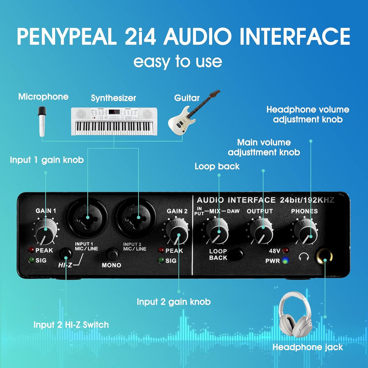 2-in 4-out USB Audio Interface with XLR Mic Amplifier, 48V Phantom Power, Pack of 2 R54375