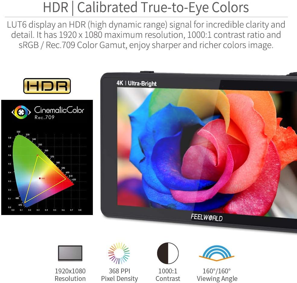 6 Inch 2600nits HDR Touch Screen DSLR Camera Field Monitor 4K HDMI Input Output 1920X1080 A24436