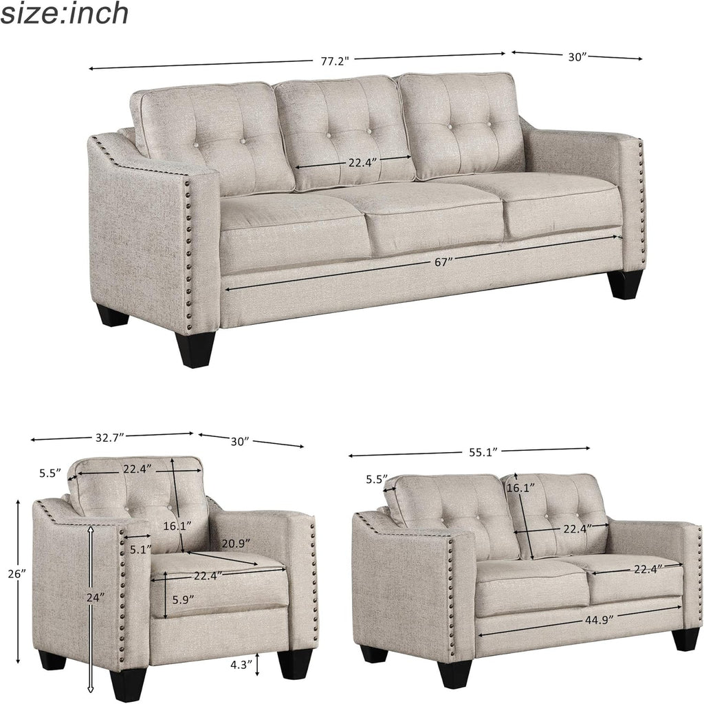 Beige Linen Fabric Sofa and Loveseat Set T377308