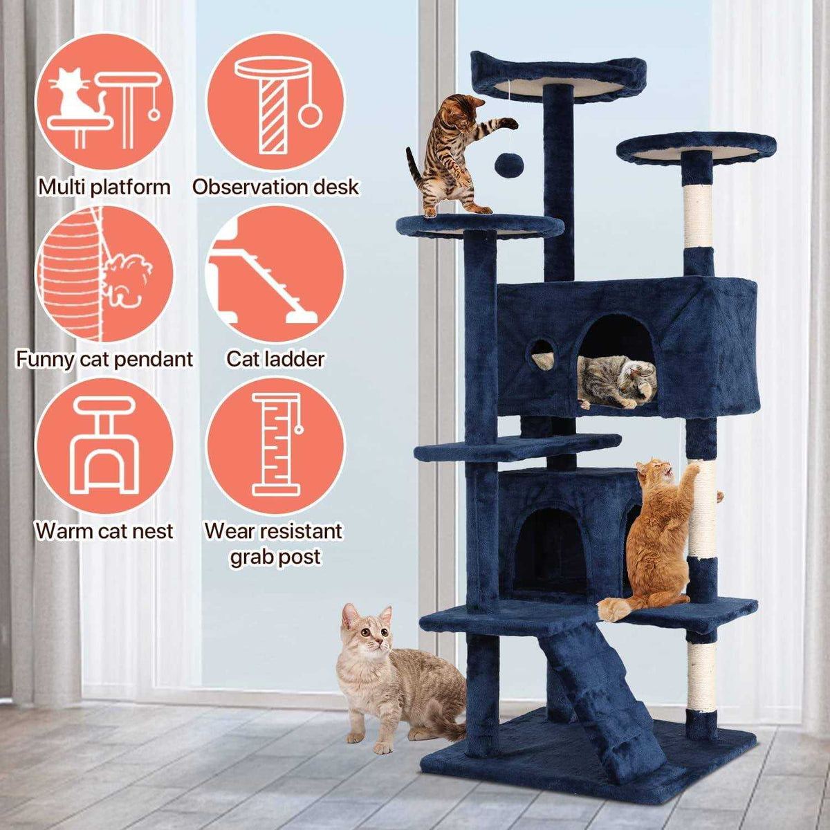 54-in Double Condo Cat Tree Tower Playhouse with Scratching Post & Perch Q20831