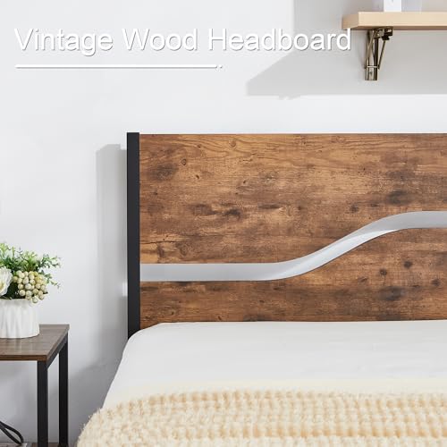 Twin Bed Frame with Wood Storage Headboard & Footboard, Metal Platform, Rustic Brown X109