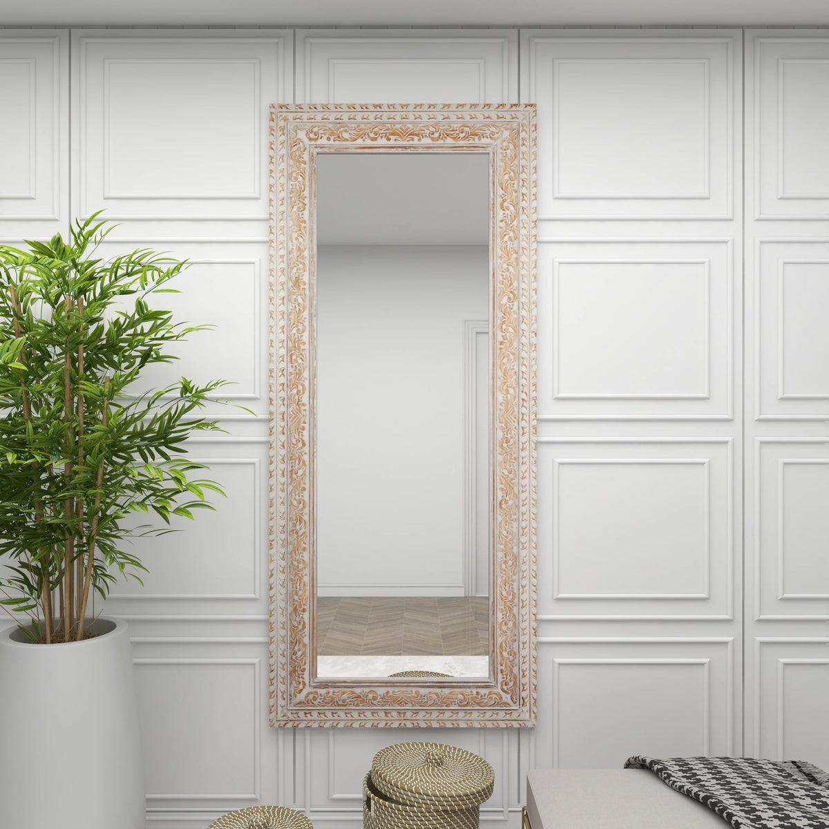 White Carved Floral Wall Mirror B744256