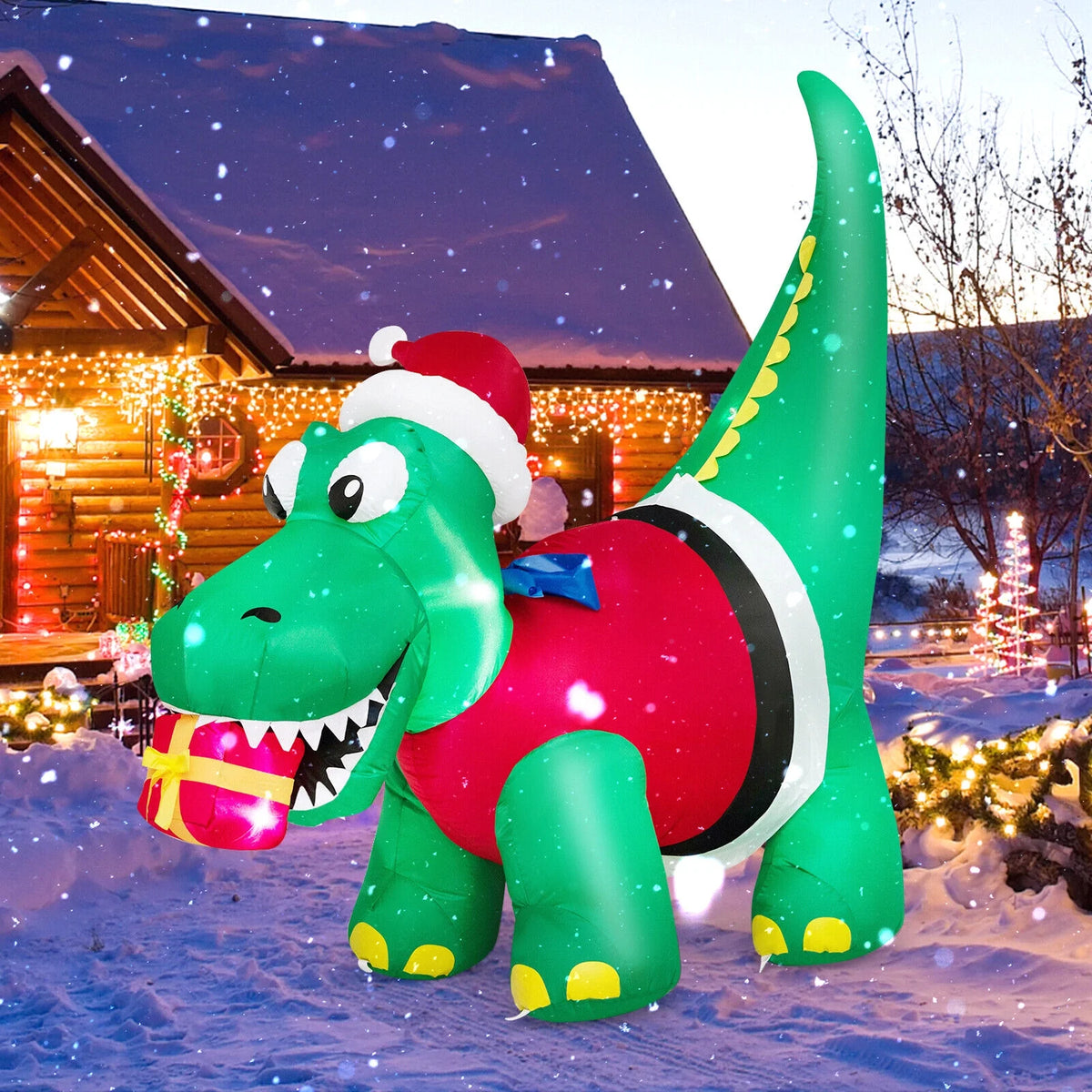 6 FT Christmas Inflatable Dinosaur with Gift Box LED Lights & Blower D2667