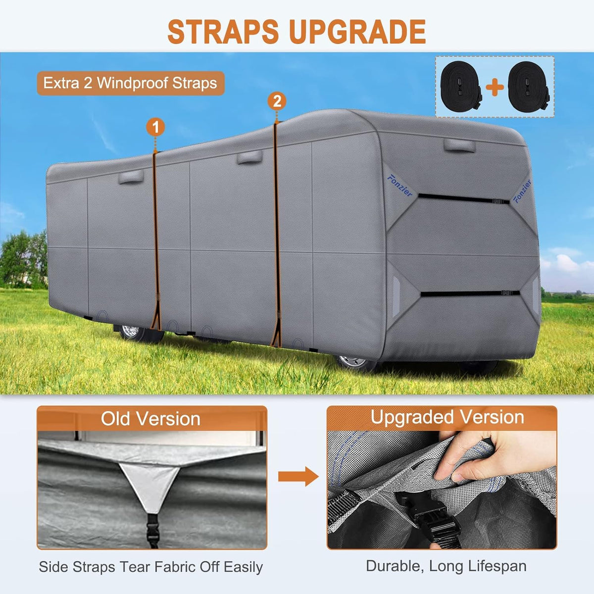 RV Cover Heavy Duty Anti-UV Rip-Stop Breathable with 2Pcs Straps & Gutter Covers I56472