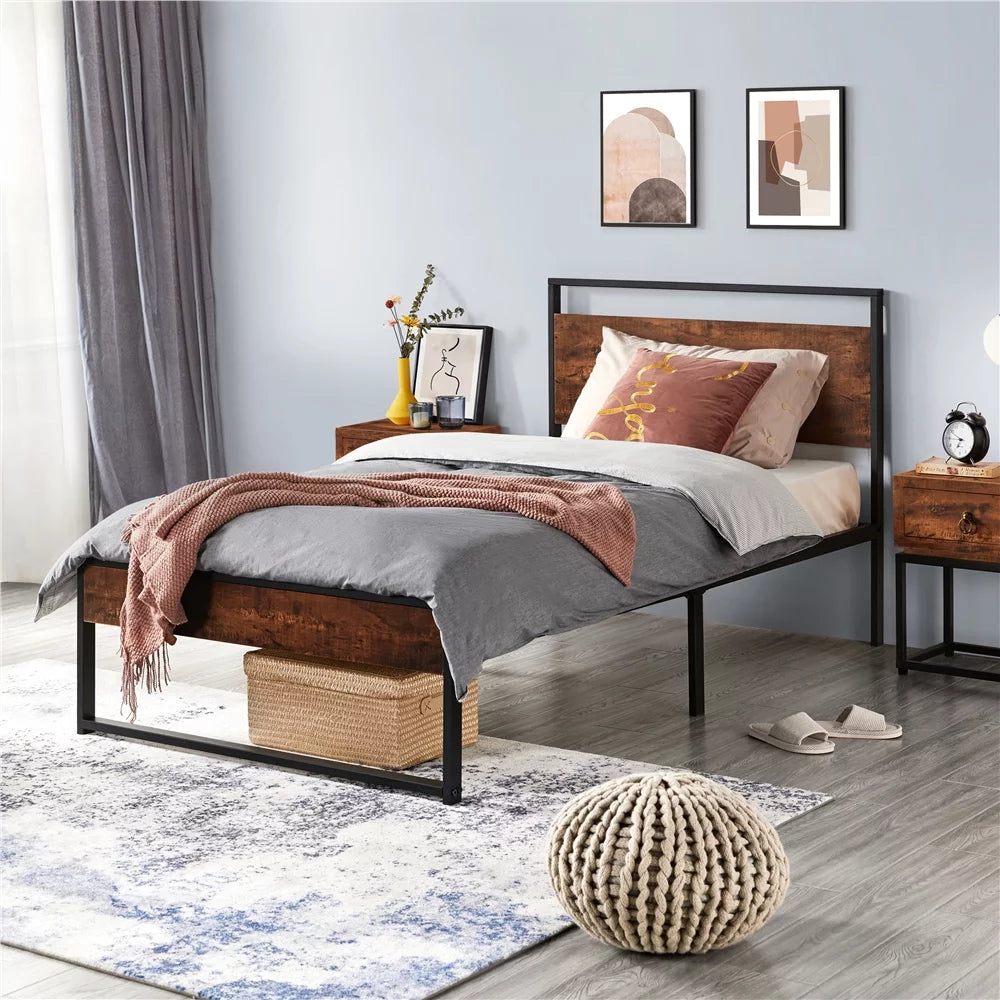Twin Metal Bed Frame with Wood Headboard & Footboard R7920