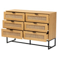 Oak Brown Wood and Black Metal 6-Drawer Storage Cabinet with Rattan O903