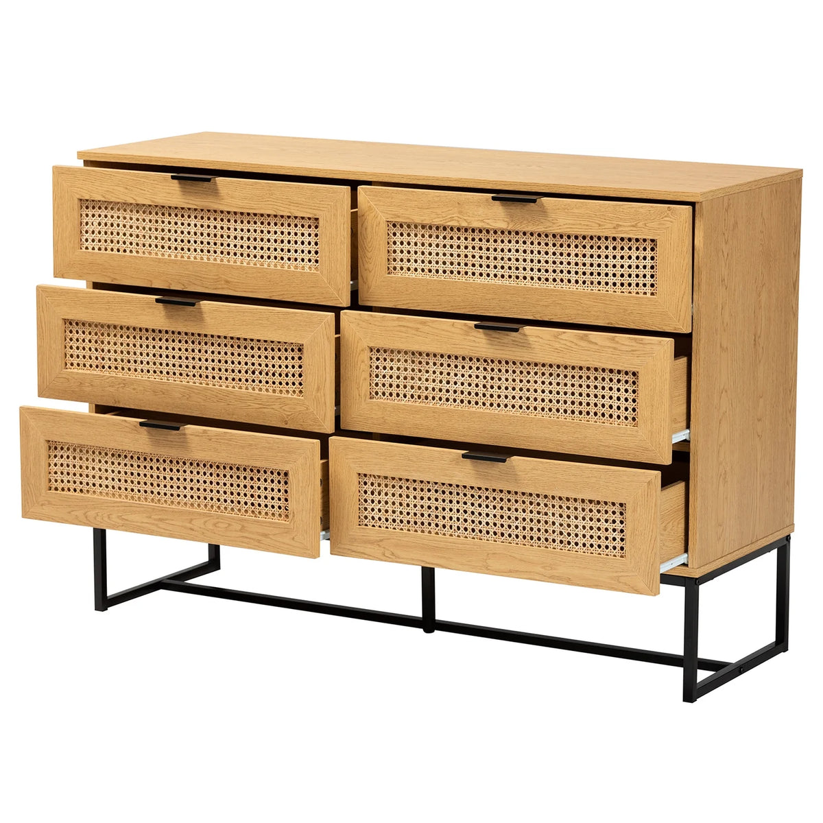 Oak Brown Wood and Black Metal 6-Drawer Storage Cabinet with Rattan O903
