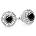 14K White Gold Round Black & White Diamond Halo Stud Earrings L3843