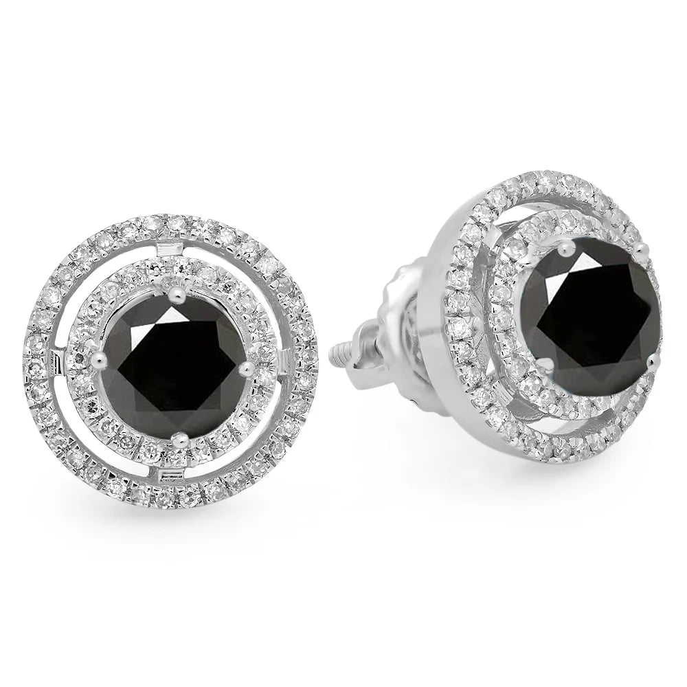 14K White Gold Round Black & White Diamond Halo Stud Earrings L3843