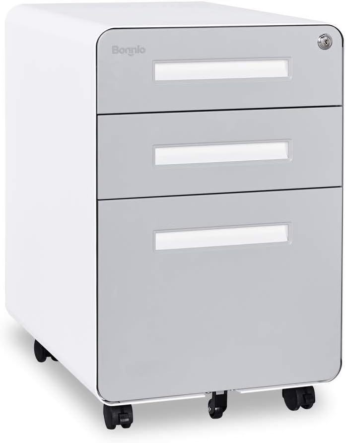 3 Drawer Mobile File Cabinet with Lock, Metal, Black&White X4927