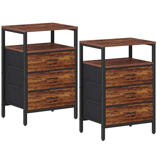 Rustic Brown End Table with 3 Fabric Drawers and Shelves E240