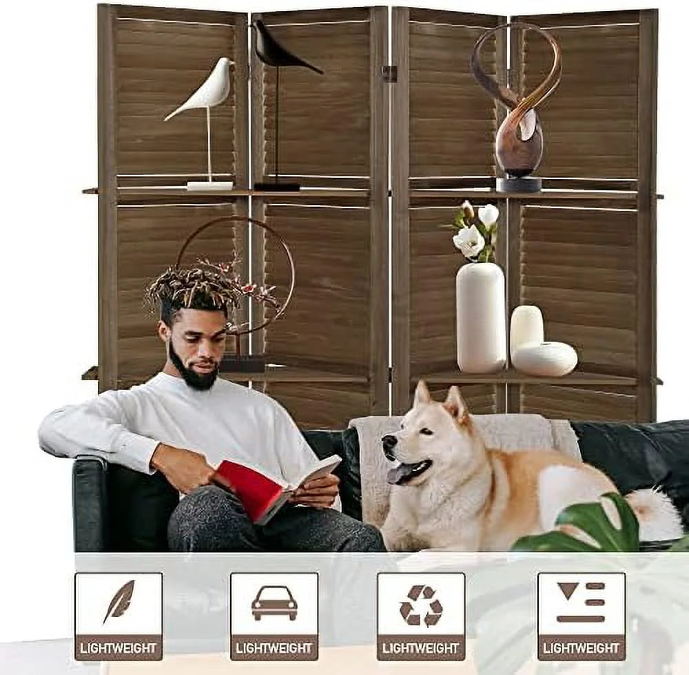 6 Panel Wooden Room Divider with Shelves L429