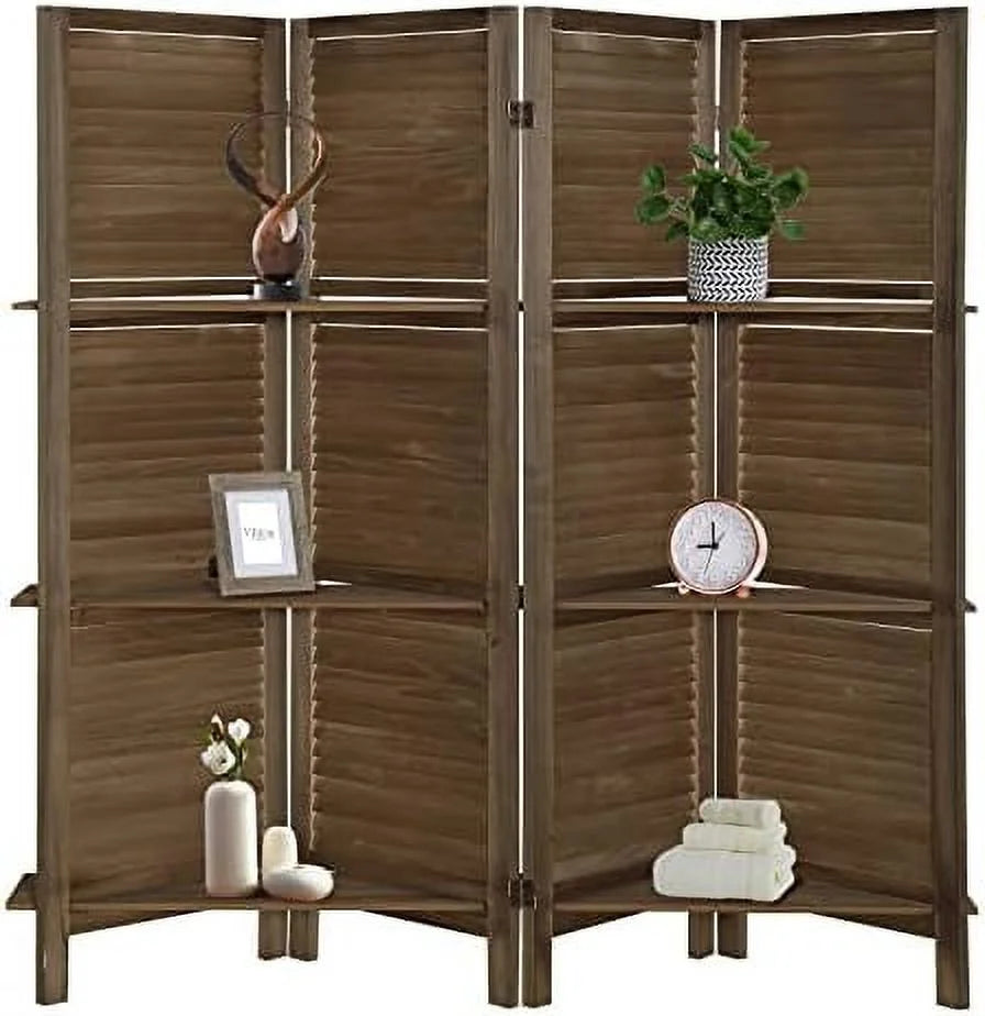 6 Panel Wooden Room Divider with Shelves L429