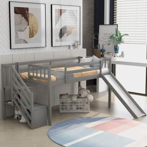 White Twin Size Low Loft Bed with Slide and Staircase E664