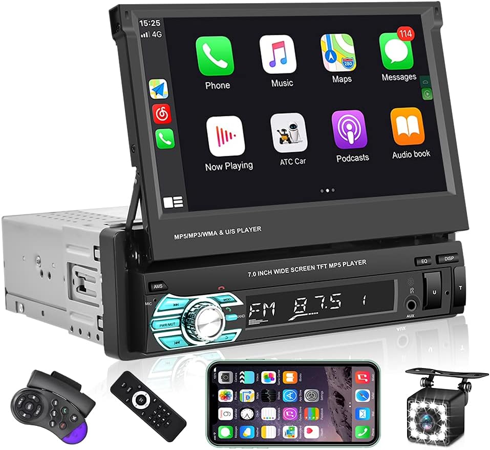 Single Din Car Stereo with CarPlay, 7 Inch Flip Out Touchscreen Car Radio, Bluetooth FM I120