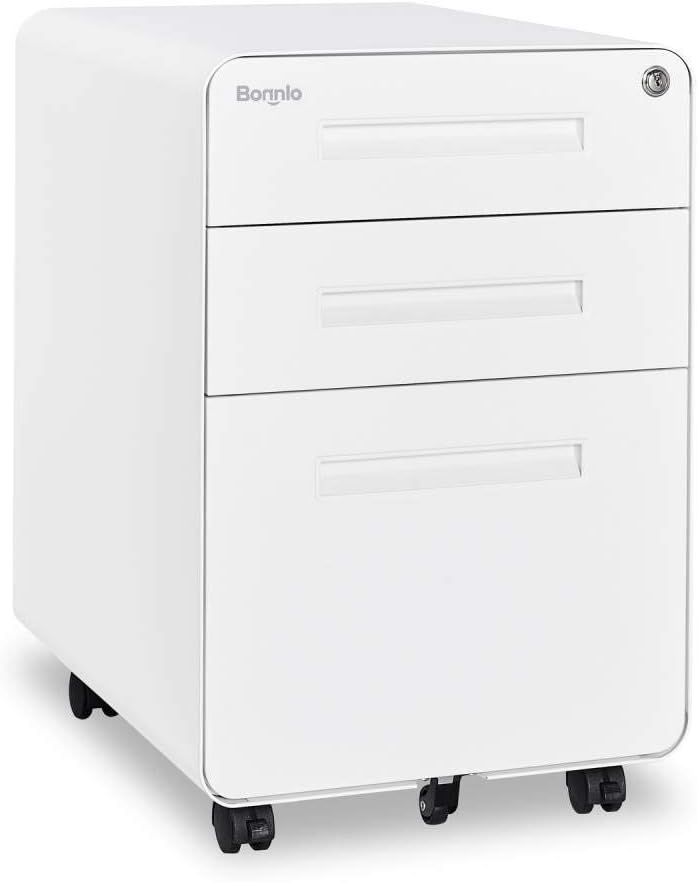 3 Drawer Mobile File Cabinet with Lock, Metal, Black&White X4927