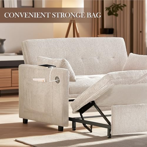 Beige Corduroy 2 Seater Convertible Sleeper Sofa W5943