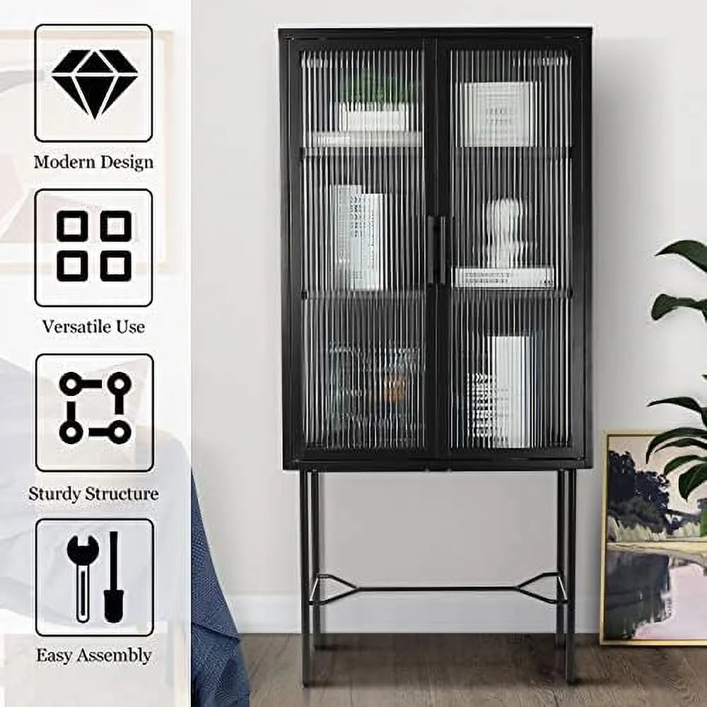 Tall Fluted Glass Door Cabinet with 2-Tier Adjustable Shelves Blue Z74910