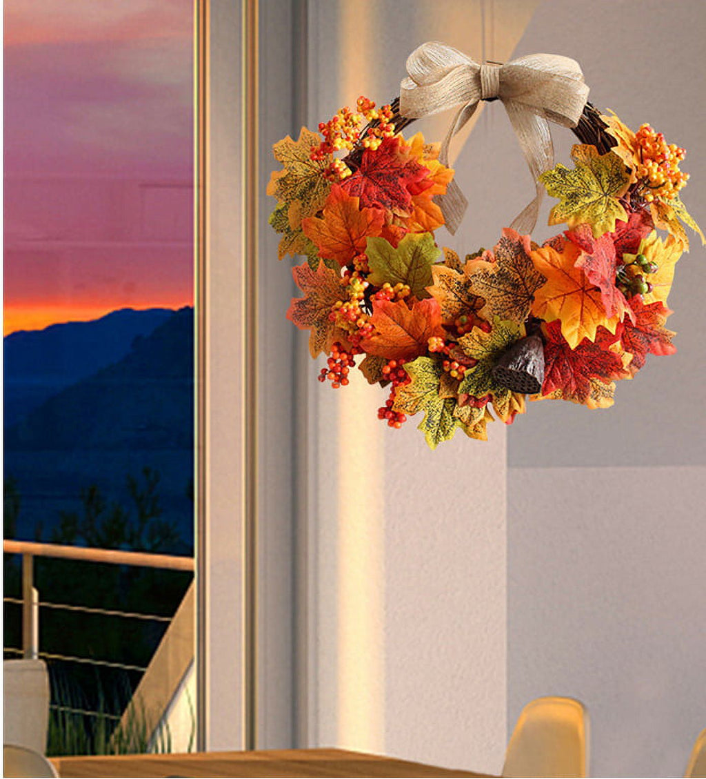 Autumn Harvest Artificial Maple Leaf Wreath with Bow W819459