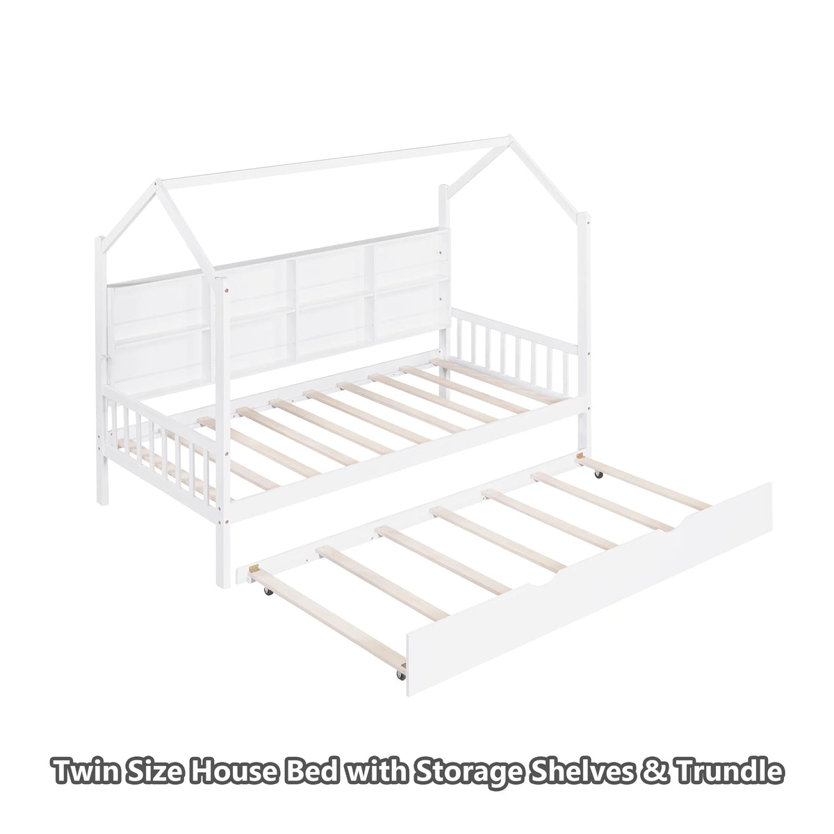 Twin Size Solid Wood House Bed with Trundle and Storage Shelves U865808