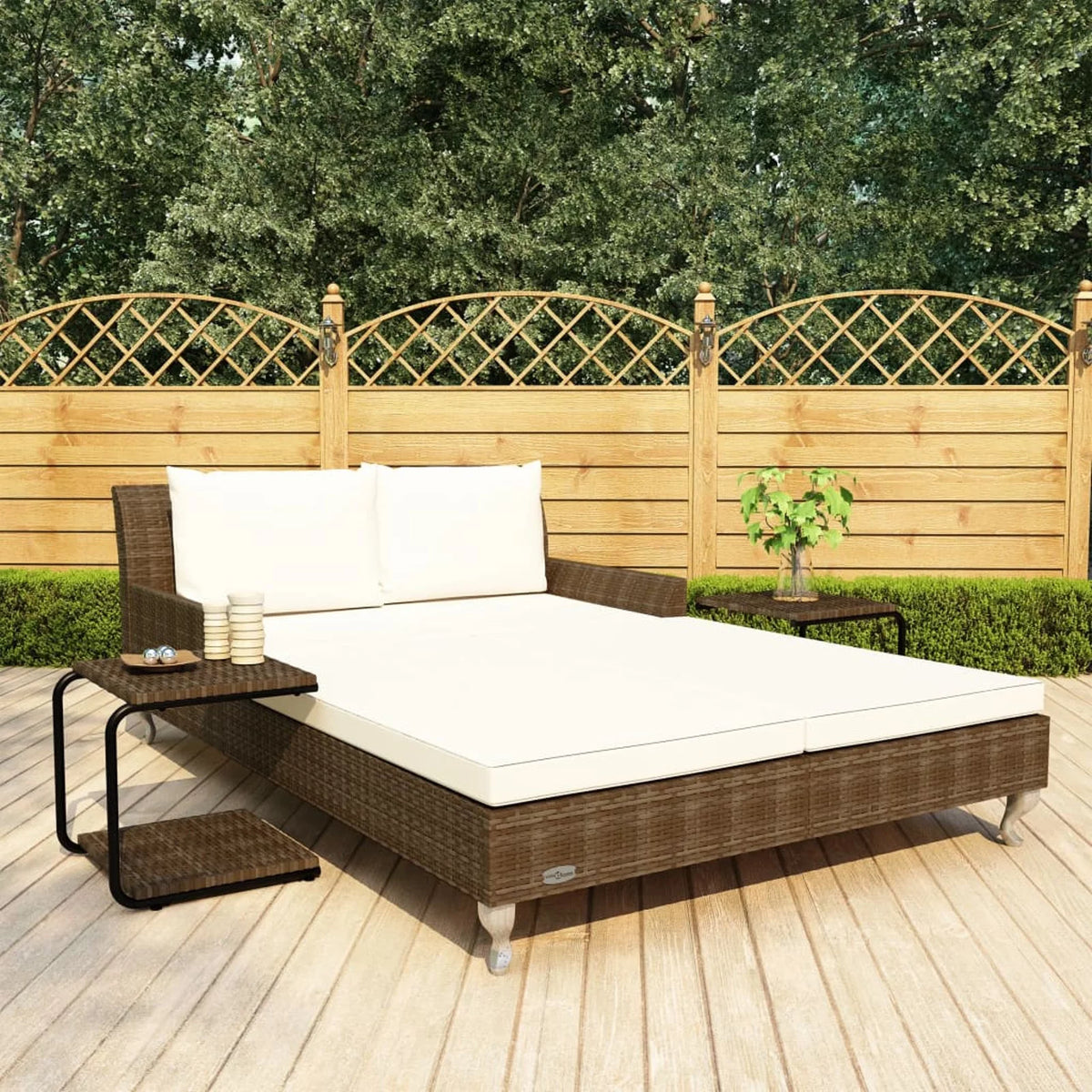 Brown Poly Rattan 2-Person Patio Sun Bed with Cushions N90934