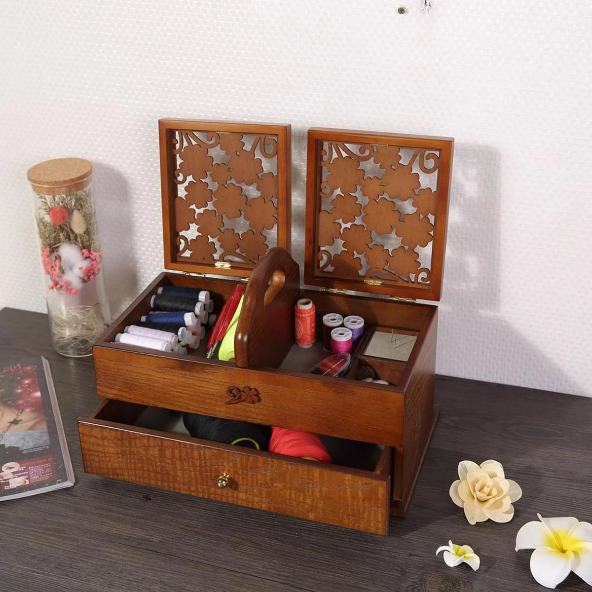 2 Tier Wooden Sewing Basket Jewelry Storage Box Organizer V16145