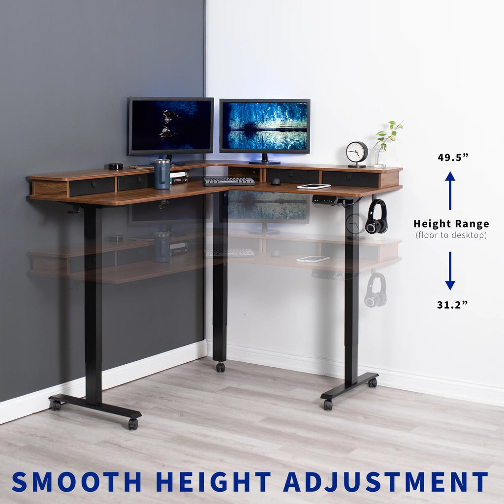 2-Tier 63" x 55" Corner Desk, Dark Walnut Top, Black Frame Y9058