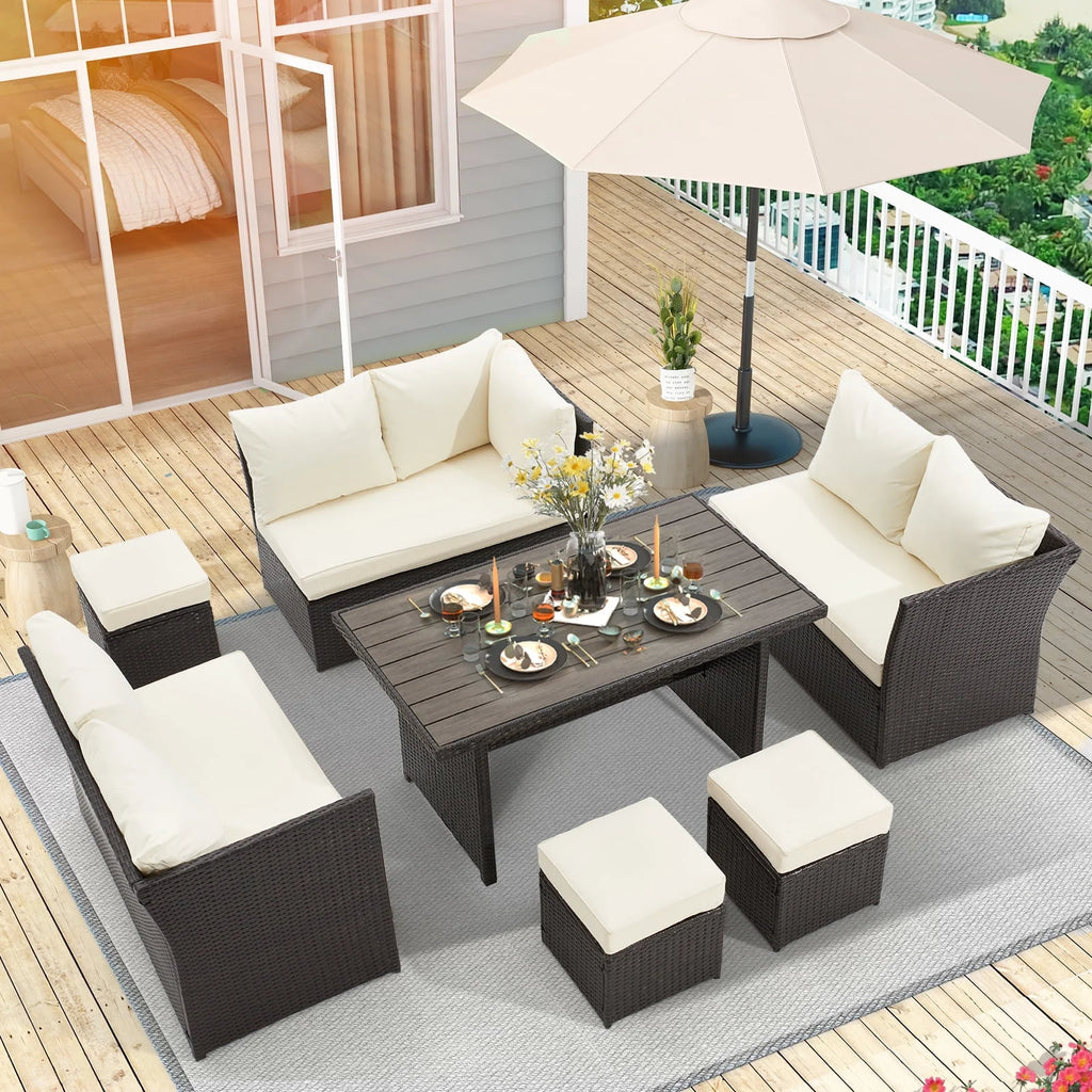 7 Piece Rattan Wicker Sectional Sofa Set with Dining Table & Chair F87660