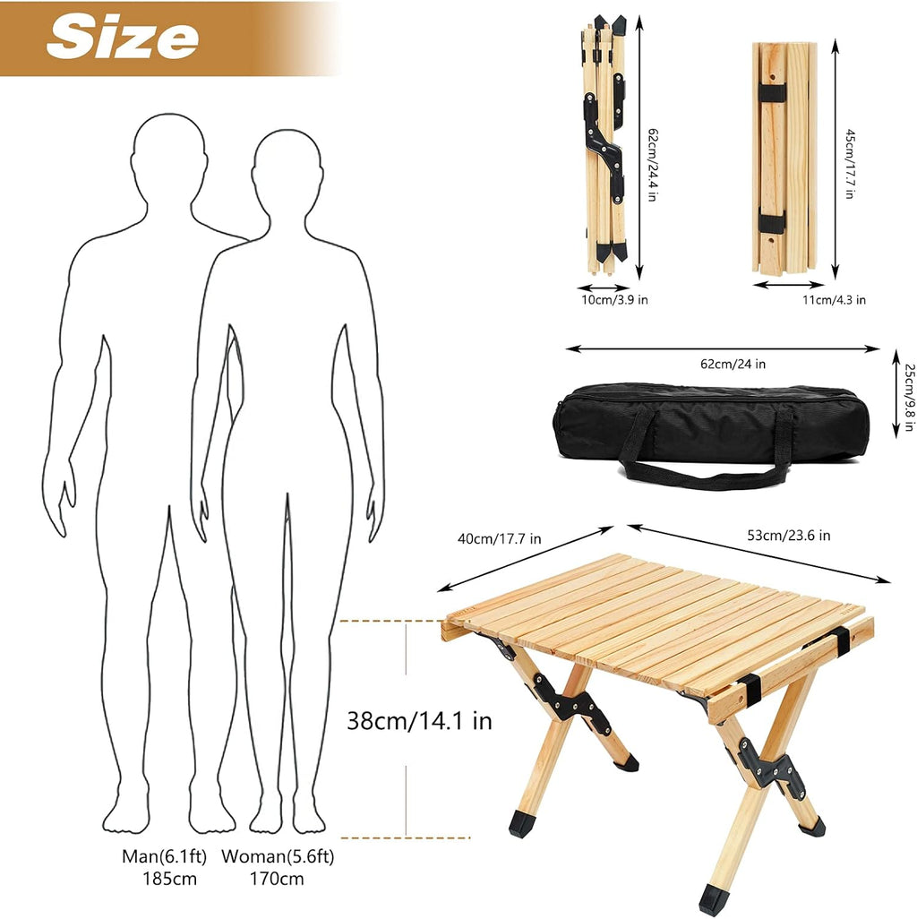 2ft Low Height Portable Folding Wooden Camping Table with Carry Bag W30820